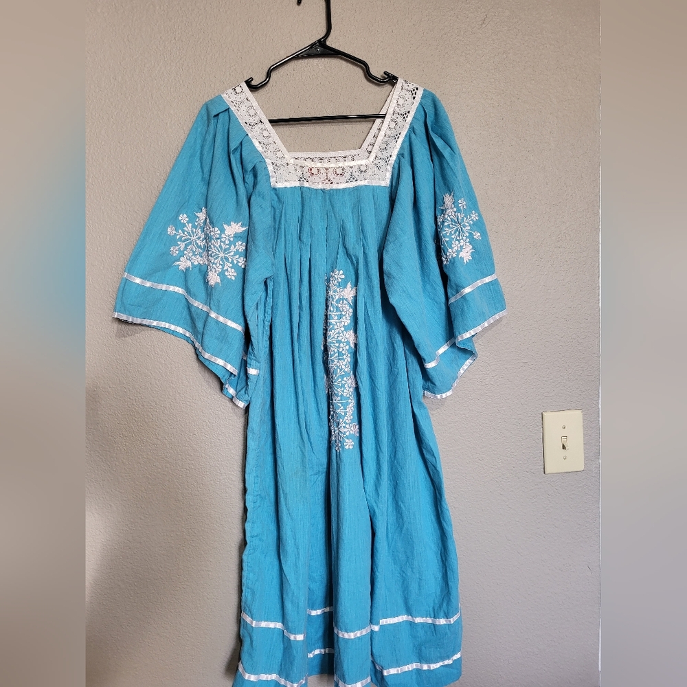 Mario De La Pena Blue Embroidered Boho House Dress L